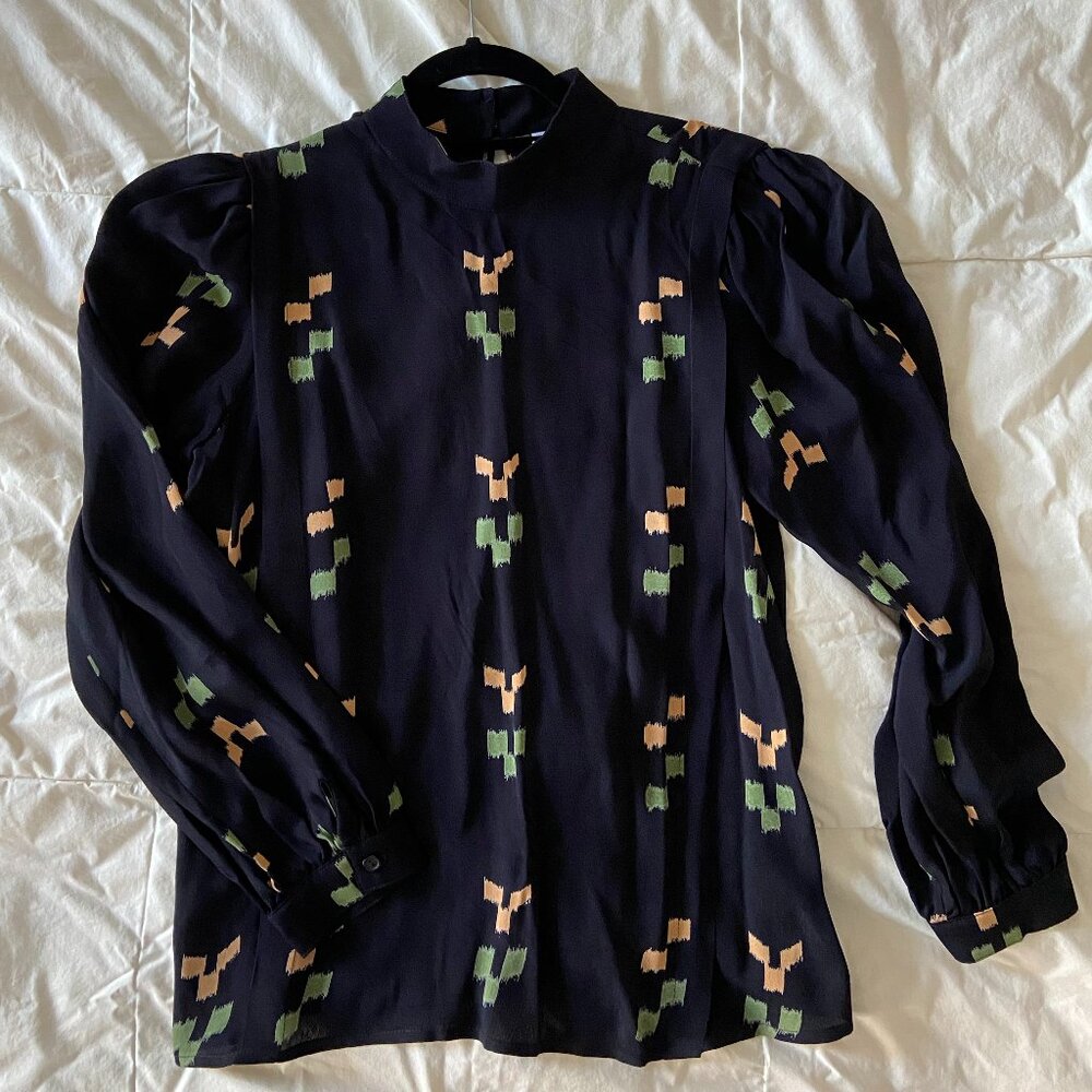 Rachel Pally Rayon Black Ikat Silvia Long Sleeve Top, Size L